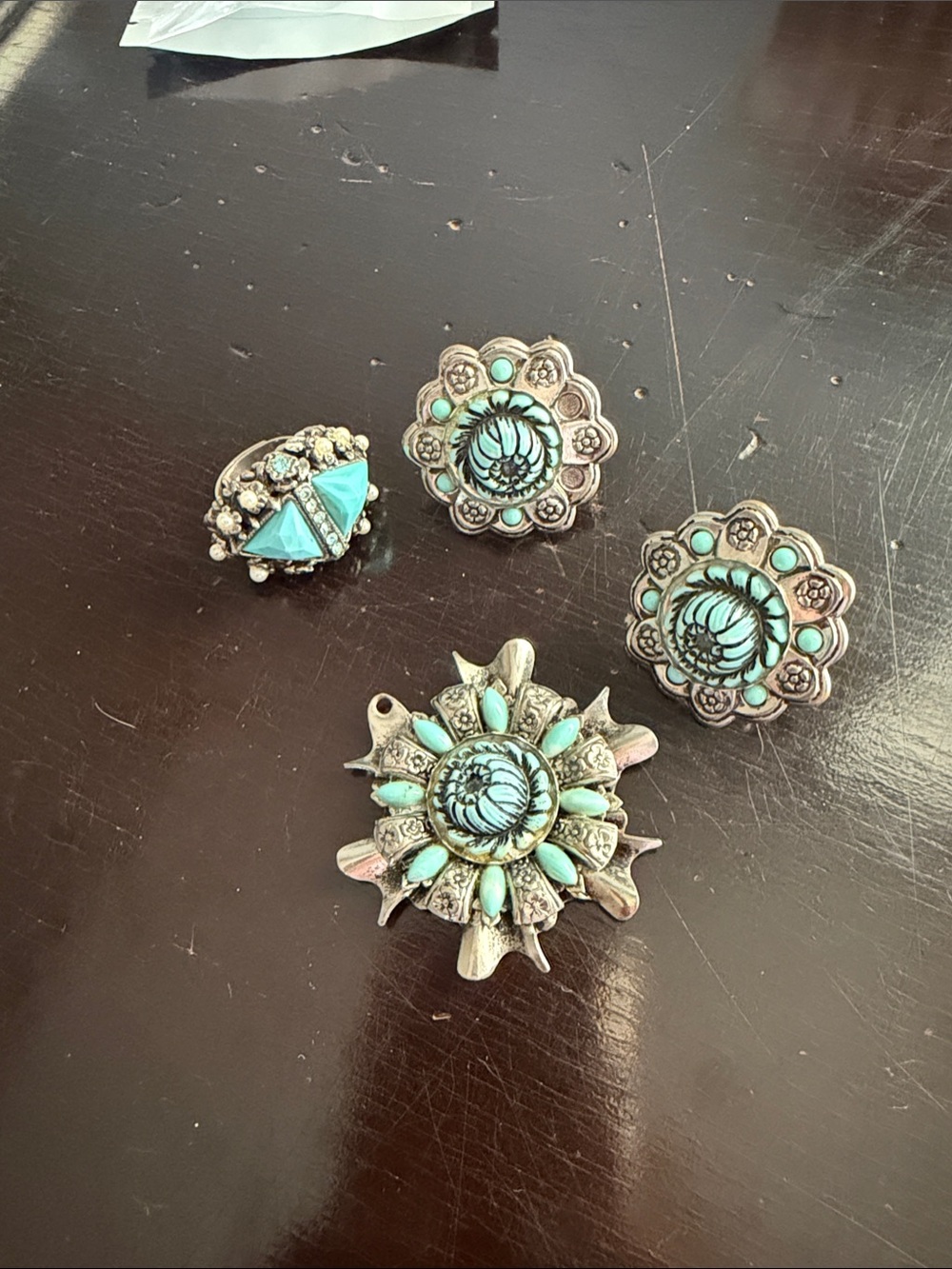 Turquoise & Silver Floral Concho Pins and Ring Set